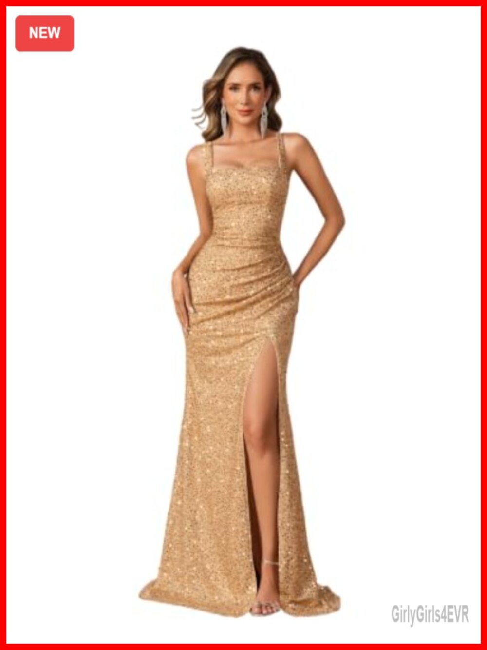 Sequin Prom Dress Spaghetti Strap Backless Formal Gown